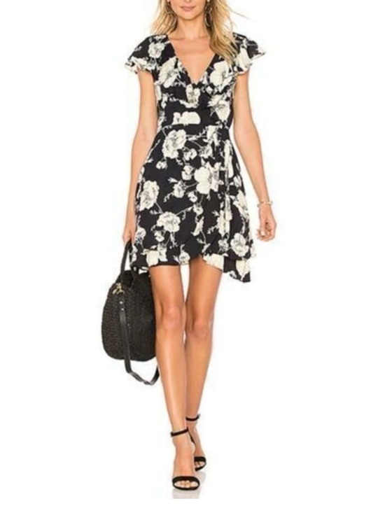 Free People Dresses & Skirts - Free People Black & White Floral Wrap Mini Dress Sz M